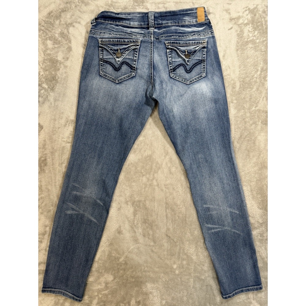 Maurices Jeans Womens L Blue Skinny Jegging Stretch Flap Pockets Faded Whiskered